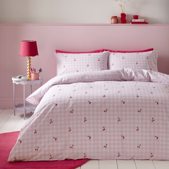 Embroidered Cherry Gingham Duvet Cover & Pillowcase Set