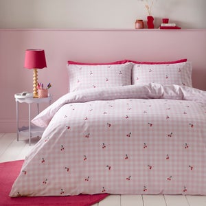 Embroidered Cherry Gingham Duvet Cover & Pillowcase Set