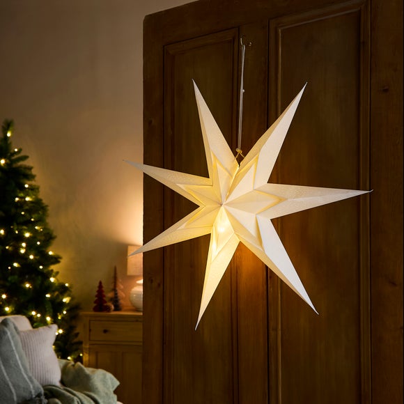 Click to view product details and reviews for White Light Up Paper Star Hanging Decoration.
