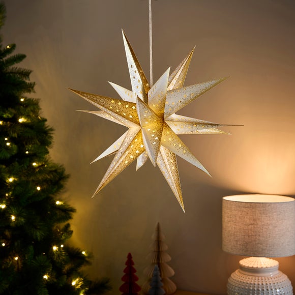 Click to view product details and reviews for Gold Light Up Paper Star Hanging Decoration.