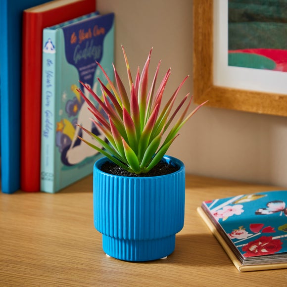 Artificial Spiky Succulent Plant In Blue Ceramic Ribbed Pot