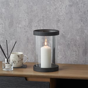 Black Ribbed Metal Glass Cylinder Hurricane Candle Holder