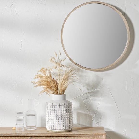 Wood Veneer Slim Frame Round Wall Mirror