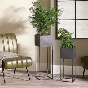 Set Of 2 Square Graphite Metal Plant Stands