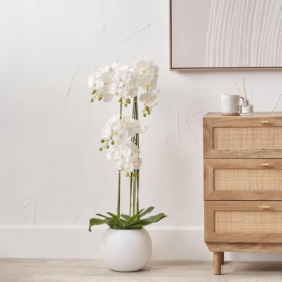 Artificial White Orchid In Rounded White Plant Pot