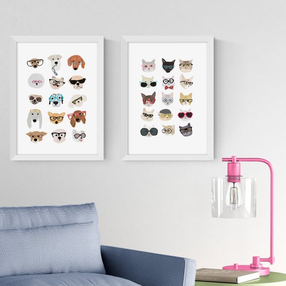 East End Prints Set of 2 Cats and Dogs in Glasses Prints