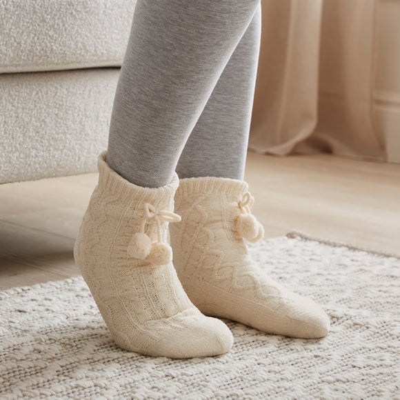 Cable Knit Pom Pom Slipper Socks