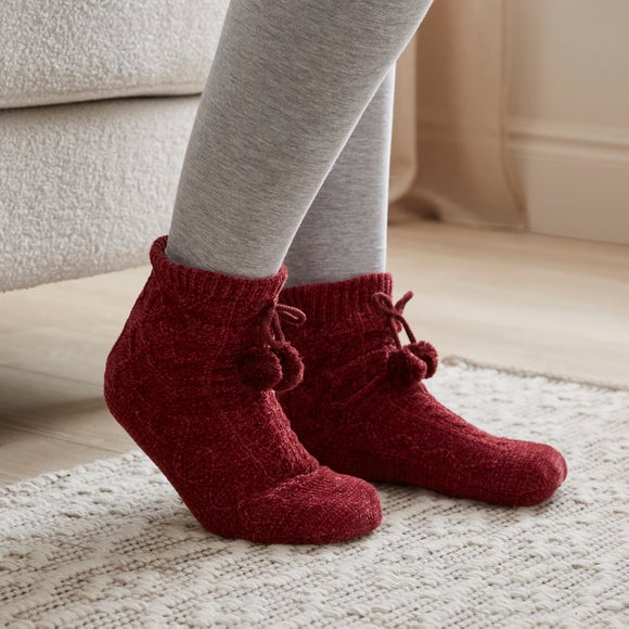 Cable Knit Pom Pom Slipper Socks