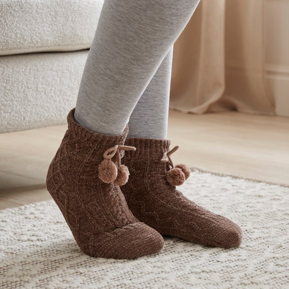 Cable Knit Pom Pom Slipper Socks