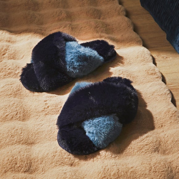 Ladies Two Tone Faux Fur Sliders