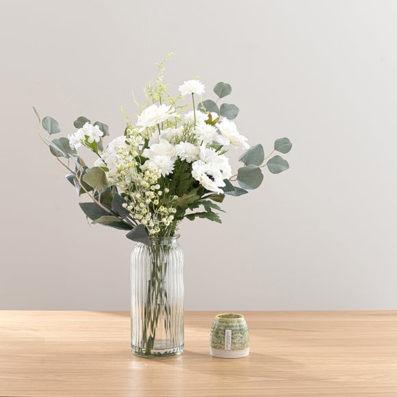 Click to view product details and reviews for Artificial Rose Eucalyptus Bouquet In Vase Soft Amber Pine Candle Gift Set.