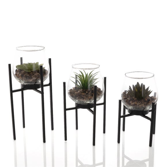 Hestia Set Of 3 Glass Plant Pots Wit Faux Succulent