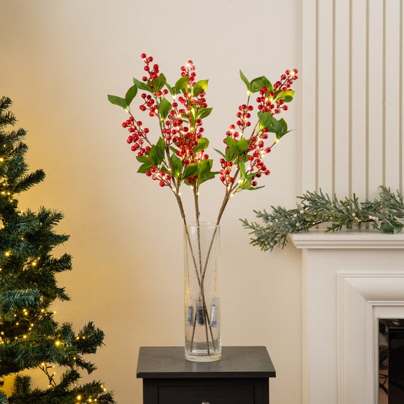 Set Of 3 Artificial Pre-lit Berry Stems