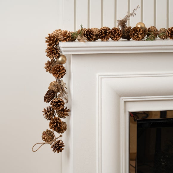 Click to view product details and reviews for 160cm Artificial Garland With Wooden Stars Pine Cones Gold Ornaments.