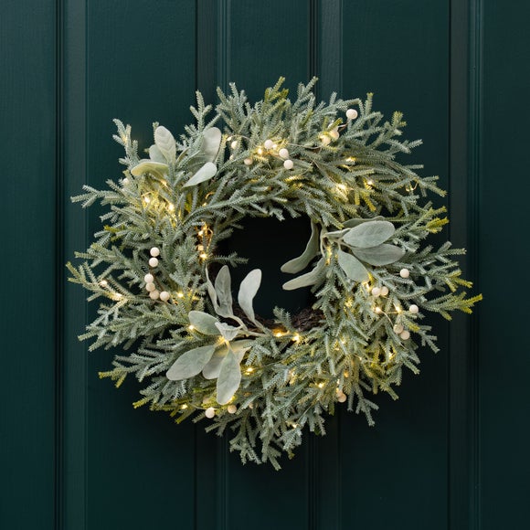 Click to view product details and reviews for Artificial Frosted Light Up Wreath With Lambs Ear.