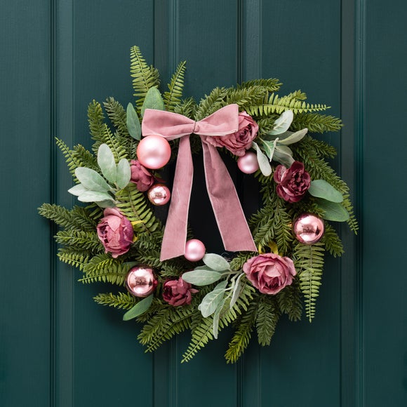 Click to view product details and reviews for Artificial Dusky Rose Wreath With Pink Velvet Bow.