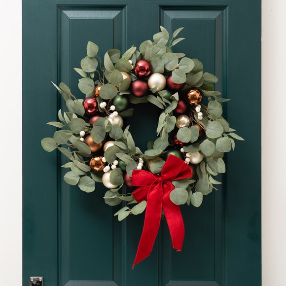 Click to view product details and reviews for Artificial Eucalyptus Wreath With Baubles White Berries Red Ribbon Bow. Click to view product details and reviews for Artificial Eucalyptus Wreath With Baubles White Berries Red Ribbon Bow.