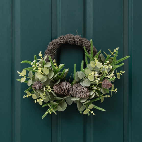Click to view product details and reviews for Artificial Pinecone Eucalyptus Half Wreath. Click to view product details and reviews for Artificial Pinecone Eucalyptus Half Wreath.