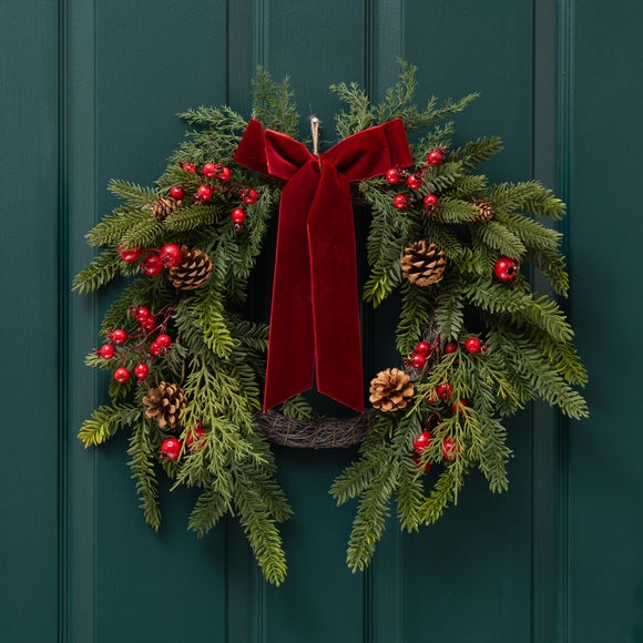 View Artificial Real Touch Half Wreath With Red Velvet Bow View Artificial Real Touch Half Wreath With Red Velvet Bow