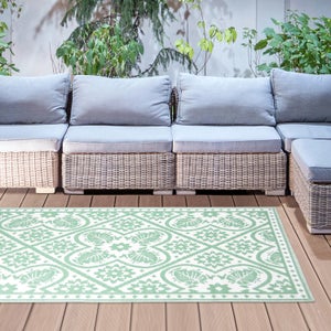 Fallen Fruits Green & White Tiles Outdoor Rug