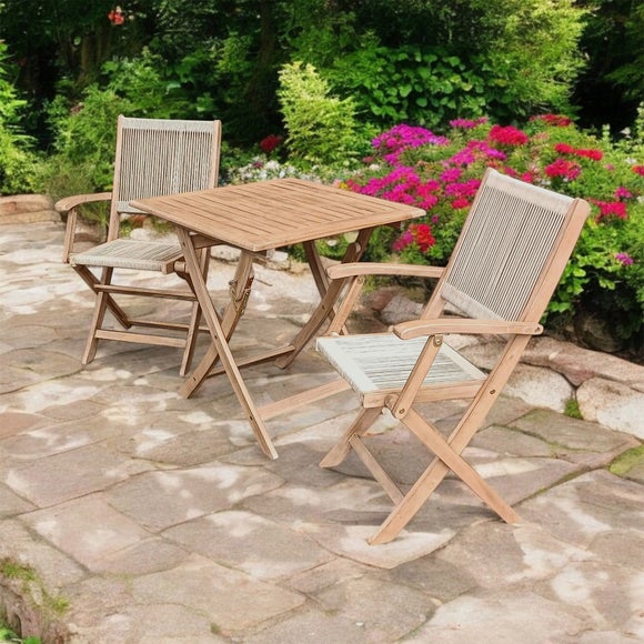 Amir London Square Folding Outdoor Bistro Set With 2 Rope Chairs