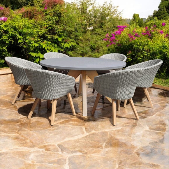 Amir Luna Round Outdoor Concrete Dining Table With 6 Sol Dining Chairs