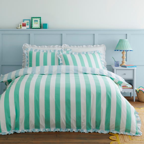 Emmy Frilled Stripe 100% Cotton Duvet Cover & Pillowcase Set Green undefined