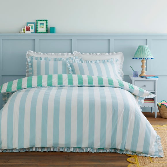 Emmy Frilled Stripe 100% Cotton Duvet Cover & Pillowcase Set Green undefined