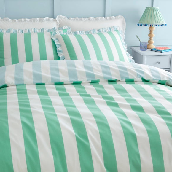 Emmy Frilled Stripe 100% Cotton Duvet Cover & Pillowcase Set Green undefined