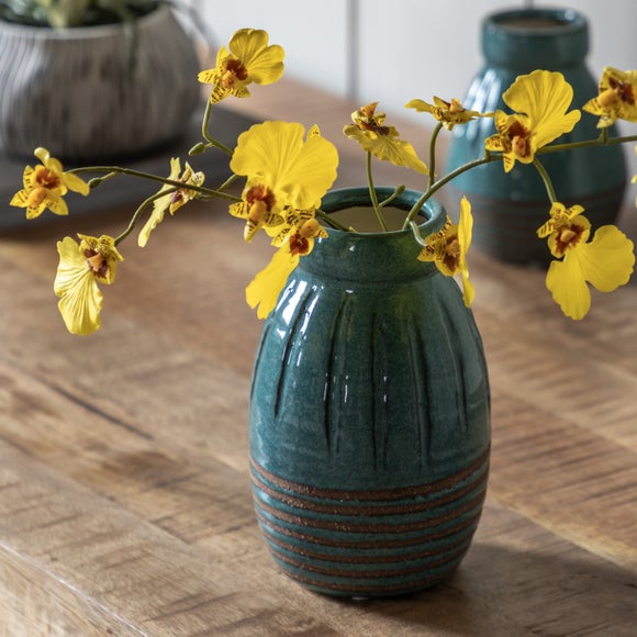 Cedar & Sage Set Of 2 Southwold Ribbed Ceramic Teal Vase