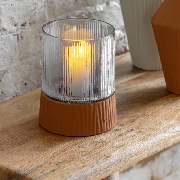View Cedar & Sage Zahara Terracotta Glass Hurricane Candle Holder View Cedar & Sage Zahara Terracotta Glass Hurricane Candle Holder