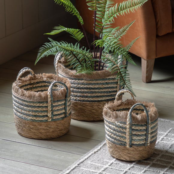 View Cedar & Sage Set Of 3 Fringed Woven Stripe Storage Baskets View Cedar & Sage Set Of 3 Fringed Woven Stripe Storage Baskets