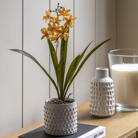 Cedar & Sage Artificial Orange Orchid In Ceramic Pot
