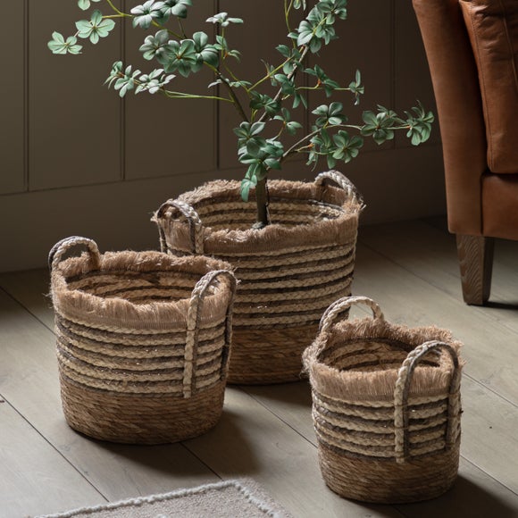 View Cedar & Sage Set Of 3 Fringed Woven Stripe Storage Baskets View Cedar & Sage Set Of 3 Fringed Woven Stripe Storage Baskets