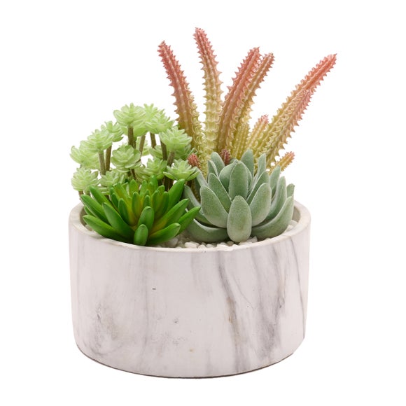 Country Living Artificial Mixed Succulents In Marble Effect Plant Pot