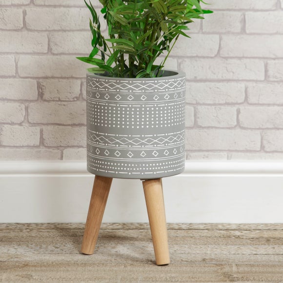 Country Living Ornate Patterned Grey Plant Pot With Wooden Legs