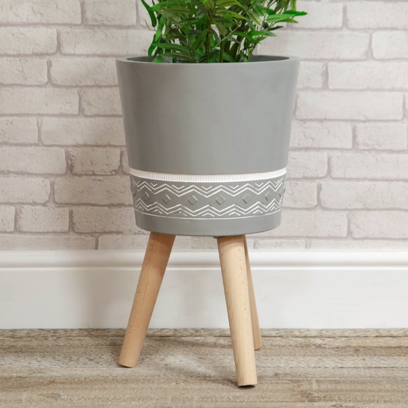 Country Living Ornate Half Patterned Grey Plant Pot With Wooden Legs