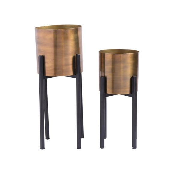 Country Living Set Of 2 Golden Bronze Plant Pots Stands
