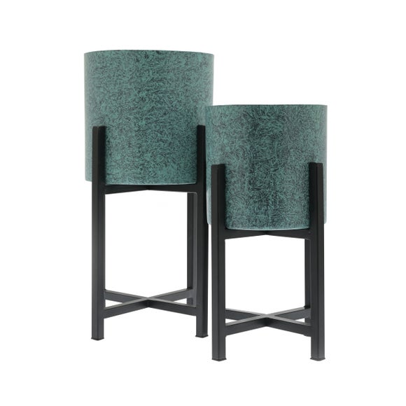 Country Living Set Of 2 Aged Effect Metal Plant Pots Stands