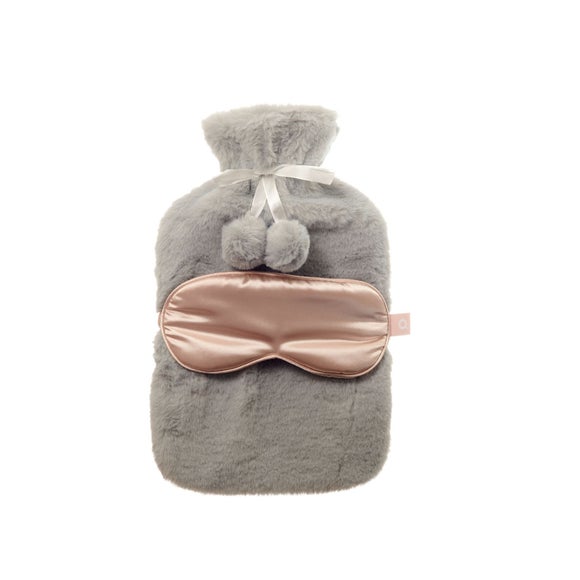 Click to view product details and reviews for Aroma Home Grey Faux Fur Hot Water Bottle Satin Eye Mask Set.