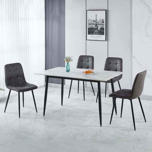 Click to view product details and reviews for Fenton 4 Seater Dining Table With 4 Charcoal Suede Dining Chairs.