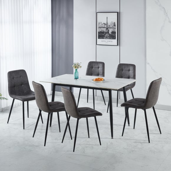 Click to view product details and reviews for Fenton 4 Seater Dining Table With 6 Charcoal Suede Dining Chairs.
