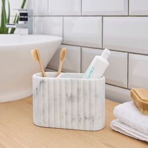 Marble Effect Ribbed Resin Double Toothbrush Holder
