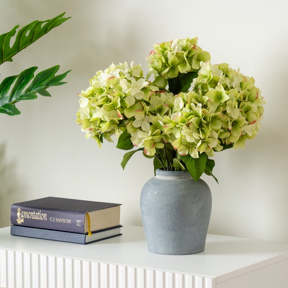 View Artificial Hydrangeas In Grey Vase View Artificial Hydrangeas In Grey Vase