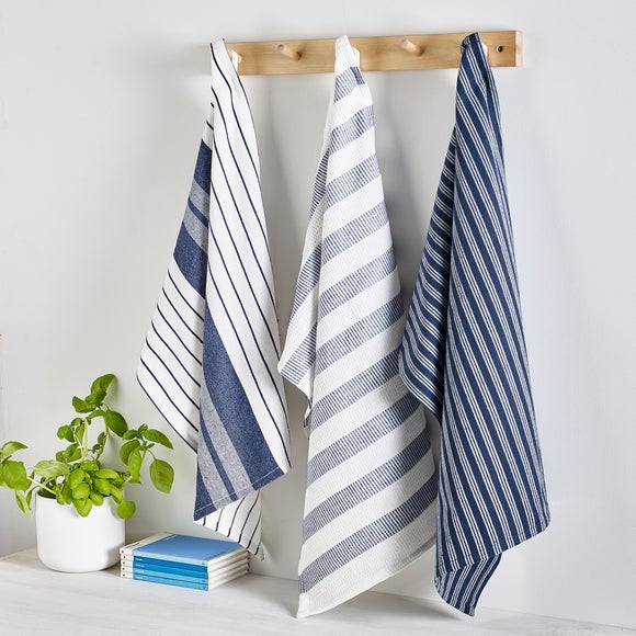 Set of 3 Navy Woven Stripe Waffle Tea Towels