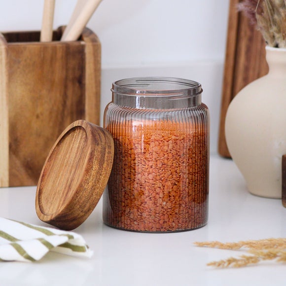 Smoked Ribbed Canister with Acacia Lid