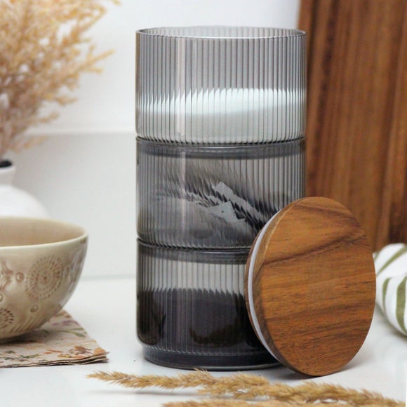 View Smoked Ribbed Stackable Canister With Acacia Lid View Smoked Ribbed Stackable Canister With Acacia Lid