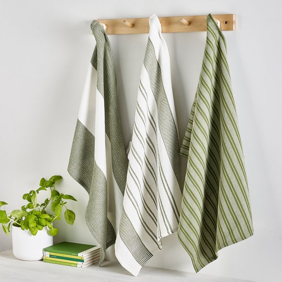 Set of 3 Olive Woven Stripe Waffle Tea Towels