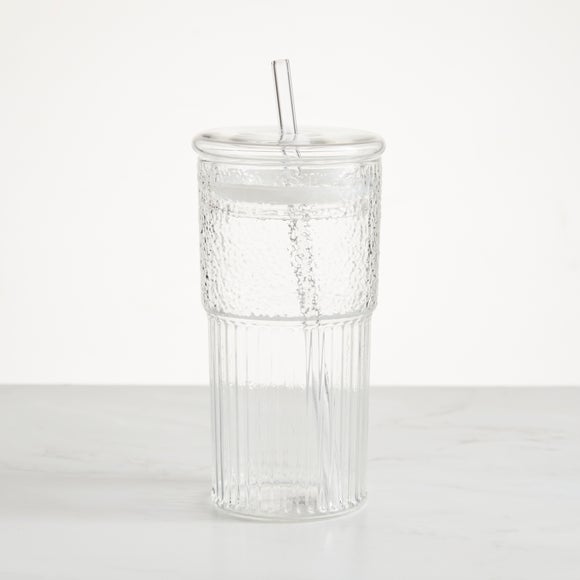 Click to view product details and reviews for Ribbed Textured Glass Tumbler With Lid Straw.