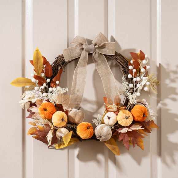 Click to view product details and reviews for Artificial Velvet Pumpkins Foliage Half Wreath With Bow.